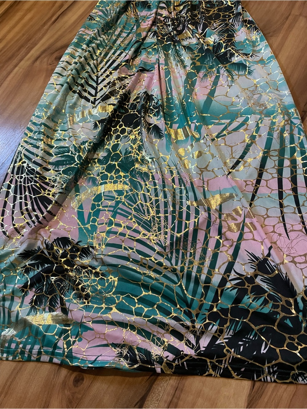 Shoreline Wear Tropical Teal Gold Foil Metallic Halter Maxi Dress S/M - Picture 7 of 9